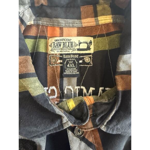 Raw Blue Mens Plaid Embroidered Button Shirt Size 4XL Grunge Skater Biker Y2K - Picture 14 of 16